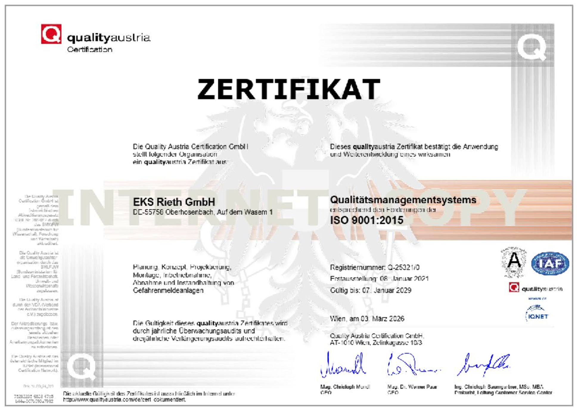 ISO-9001 bei EKS Elektro-, Kommunikations-und Sicherheitstechnik Rieth GmbH in Oberhosenbach