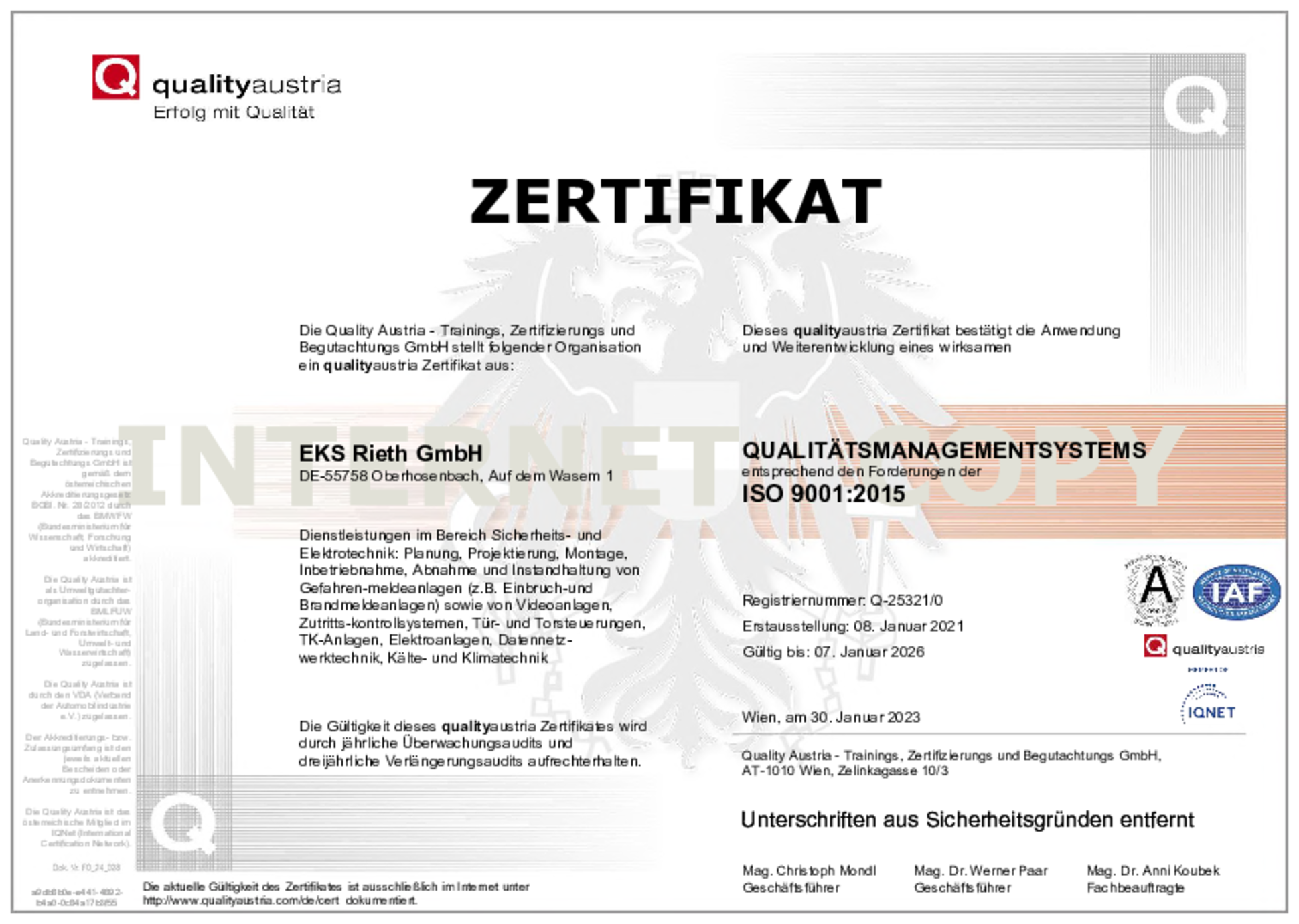 ISO-9001 bei EKS Elektro-, Kommunikations-und Sicherheitstechnik Rieth GmbH in Oberhosenbach